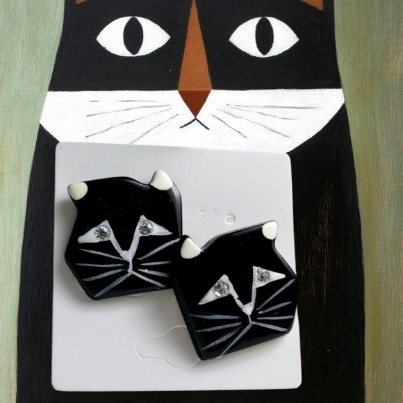 Vintage Jewelry - Black Cat Earrings With Rhinestone Cat Eyes Stud Earrings